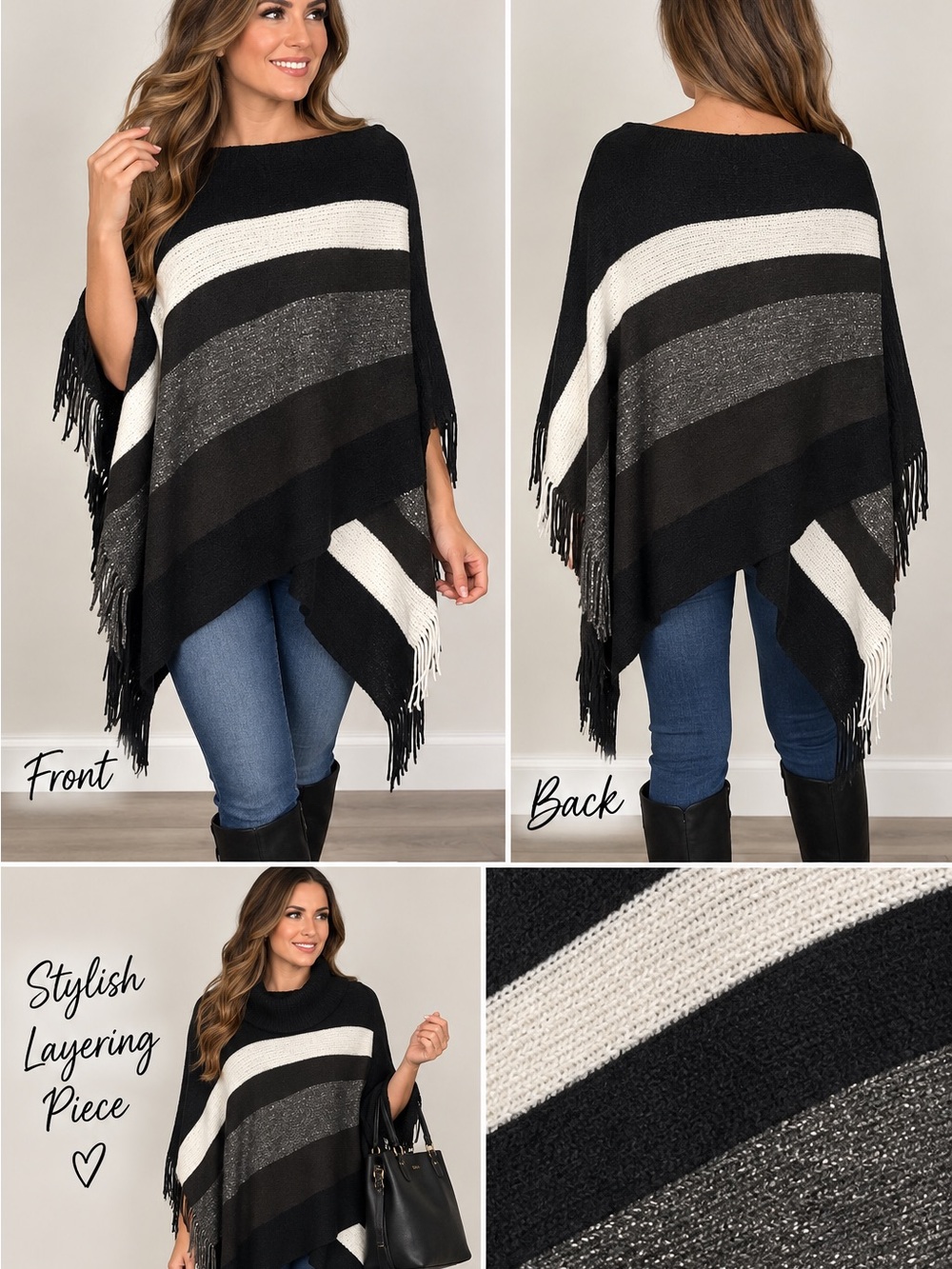 Women’s Black and White Striped Knit Poncho Sweater - Picture 4 of 4